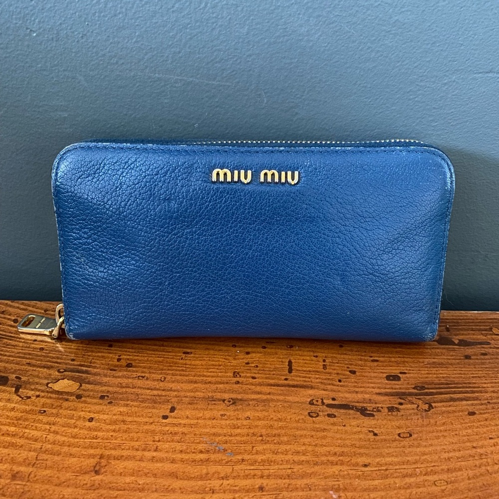 Miu Miu Blue Leather Zip Around Wallet